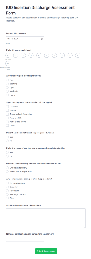 IUD Insertion Discharge Assessment Form Template