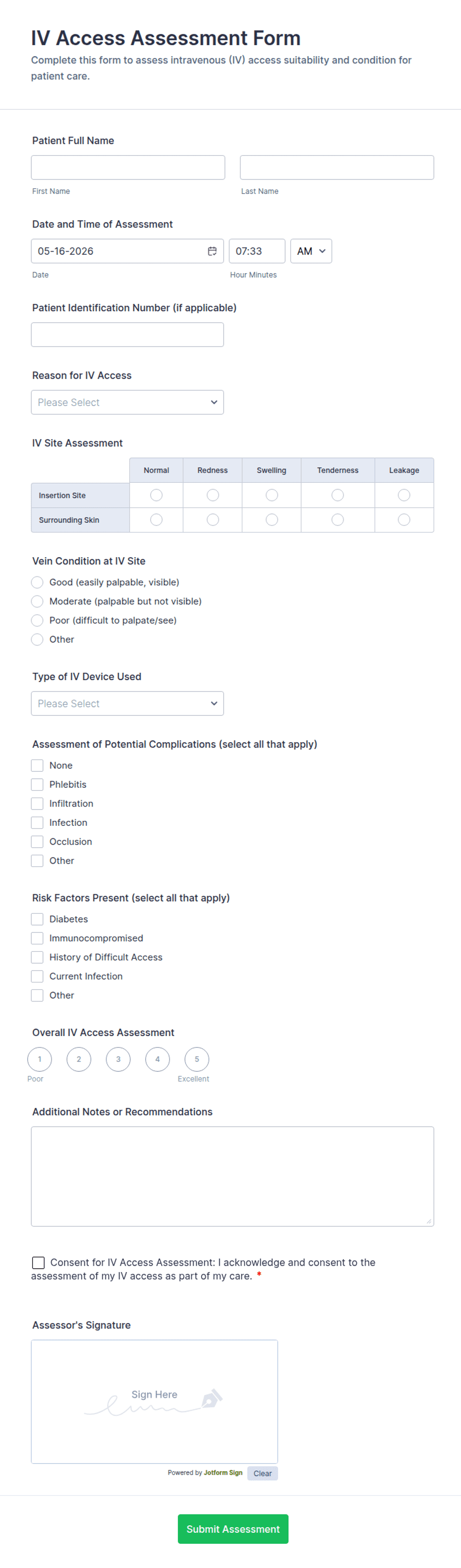 Iv Inquiry Form IV Access Assessment Form Template | Jotform