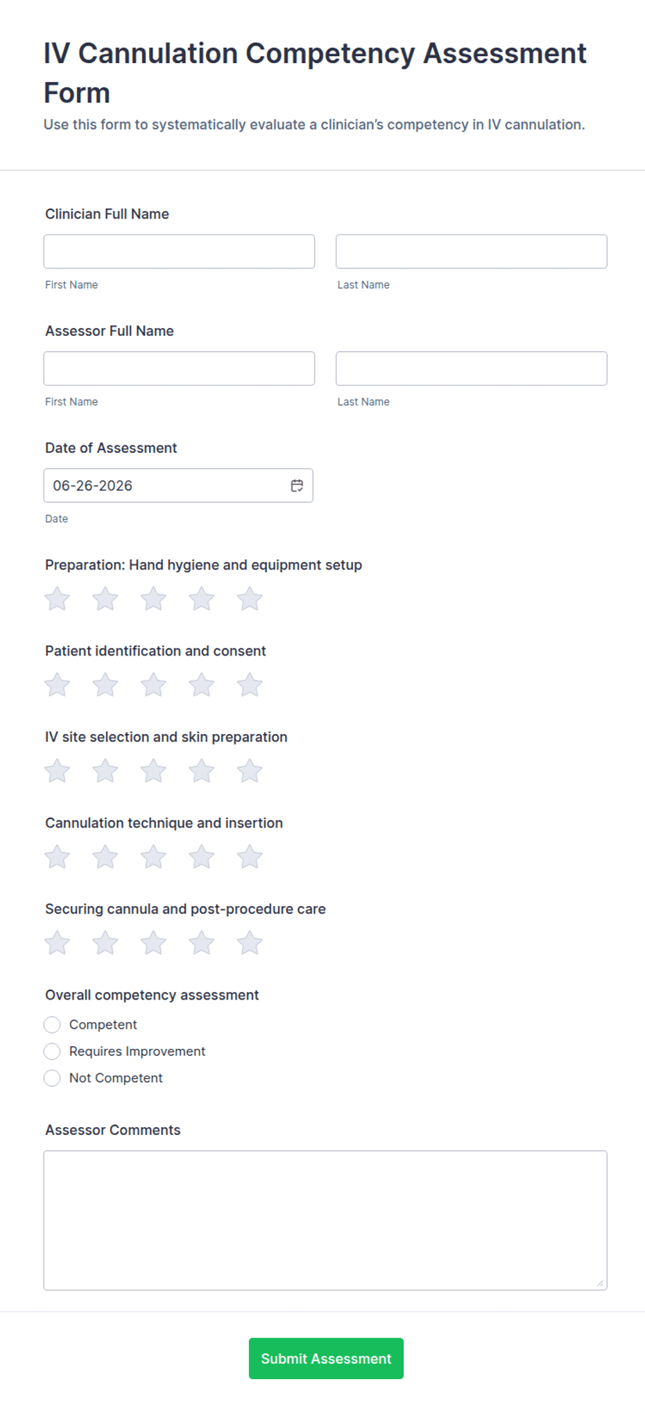 IV Cannulation Competency Assessment Form Template | Jotform