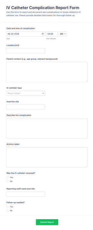 IV Catheter Complication Report Form Template