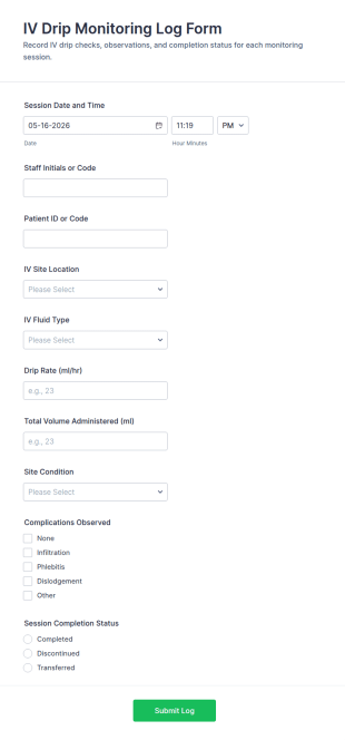 IV Drip Monitoring Log Form Template