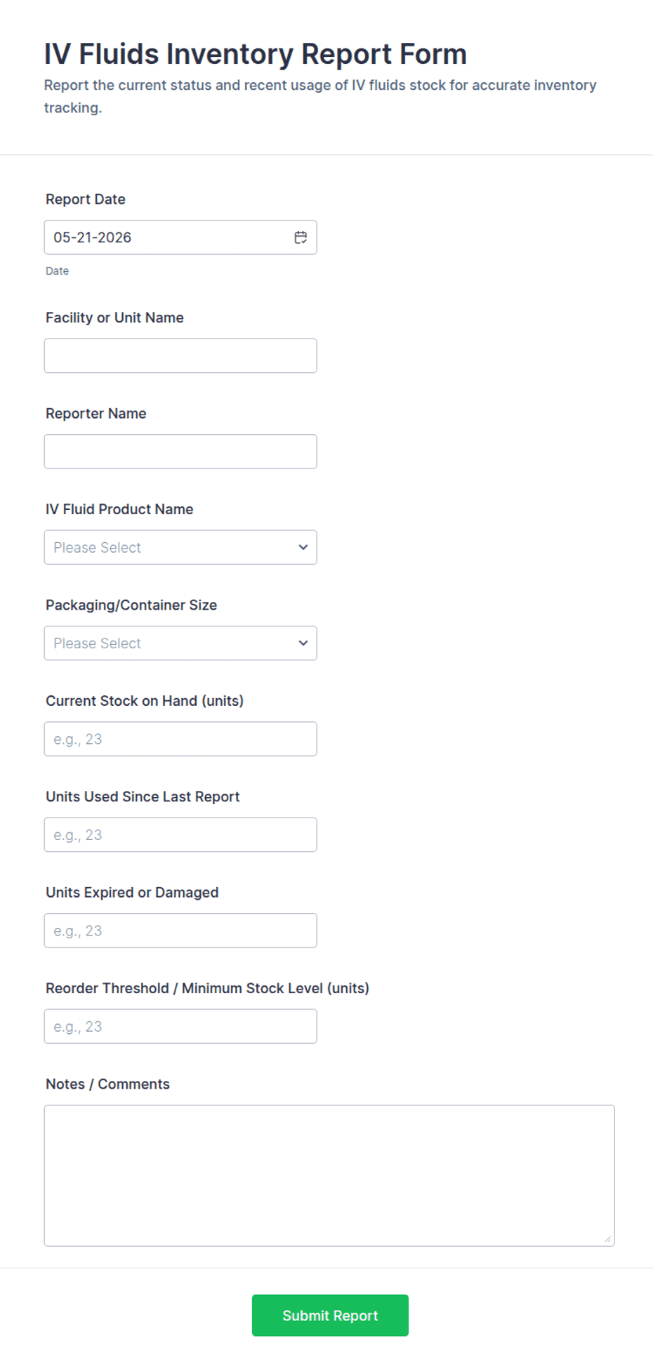 IV Fluids Inventory Report Form Template | Jotform