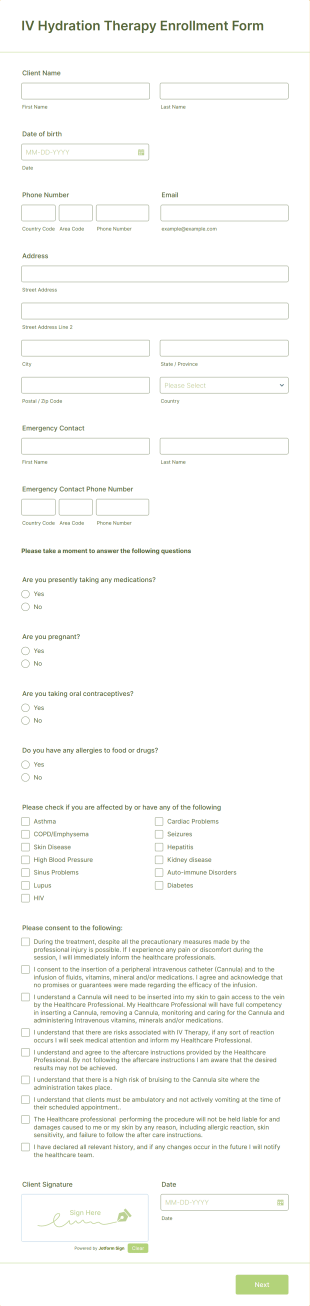 IV Hydration Therapy Enrollment Form Template