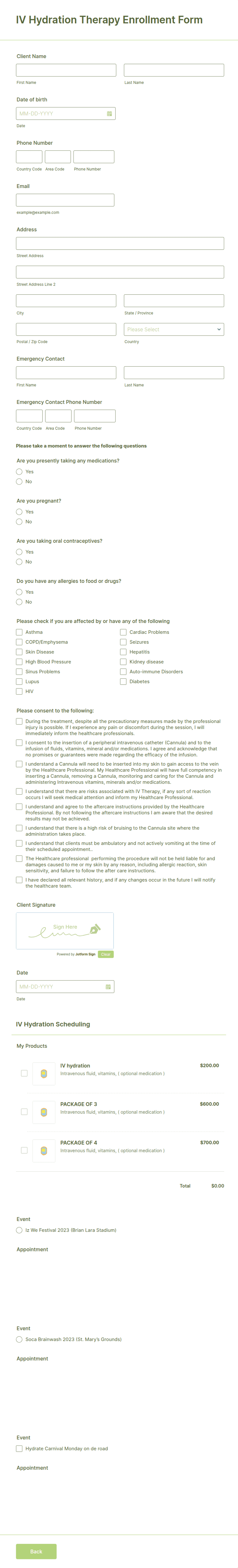 Hydration Note Form IV Hydration Therapy Enrollment Form Template | Jotform
