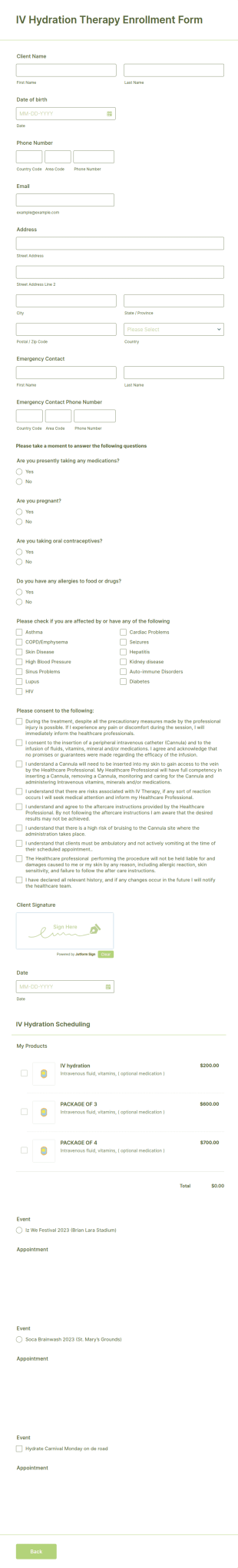 IV Hydration Therapy Enrollment Form Template