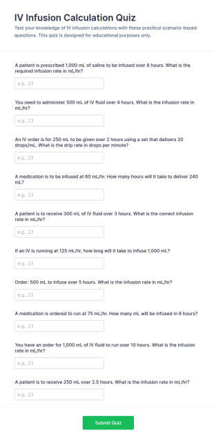 IV Infusion Calculation Quiz Form Template