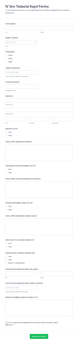 IV Sıvı Tedavisi Kayıt Form Şablonu