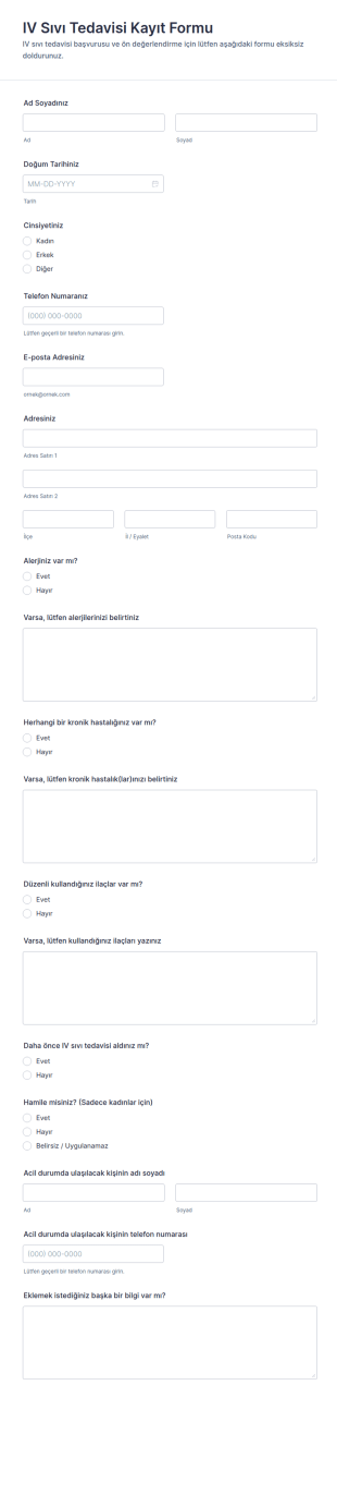 IV Sıvı Tedavisi Kayıt Form Şablonu