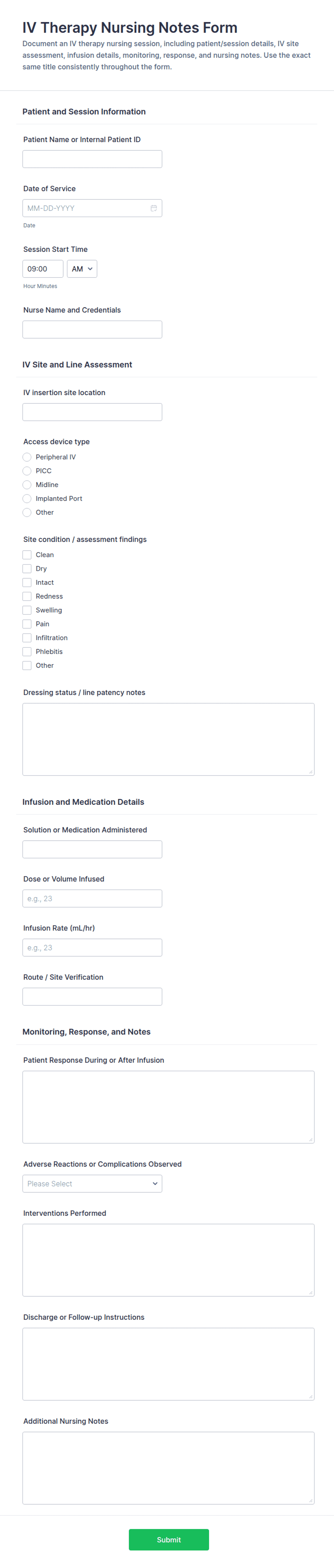 IV Therapy Nursing Notes Form Template | Jotform