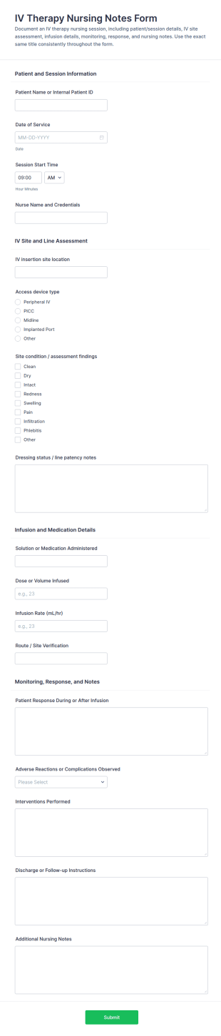 IV Therapy Nursing Notes Form Template