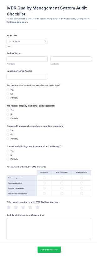 IVDR Quality Management System Audit Checklist Form Template