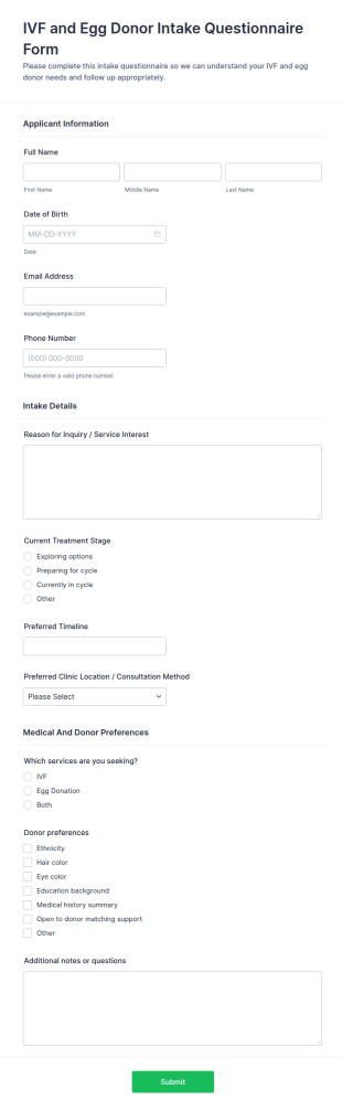 IVF And Egg Donor Intake Questionnaire Form Template