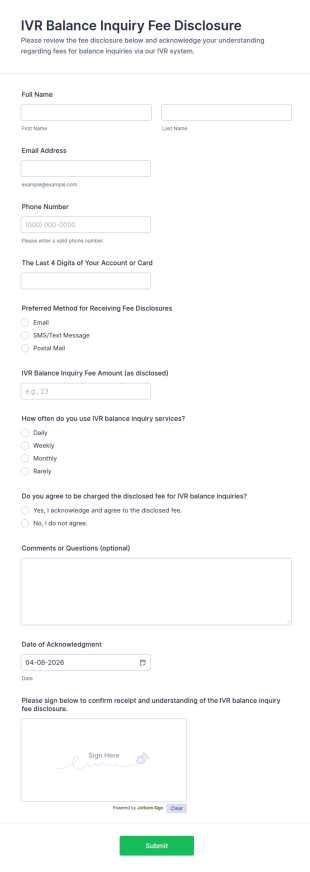 IVR Balance Inquiry Fee Disclosure Form Template
