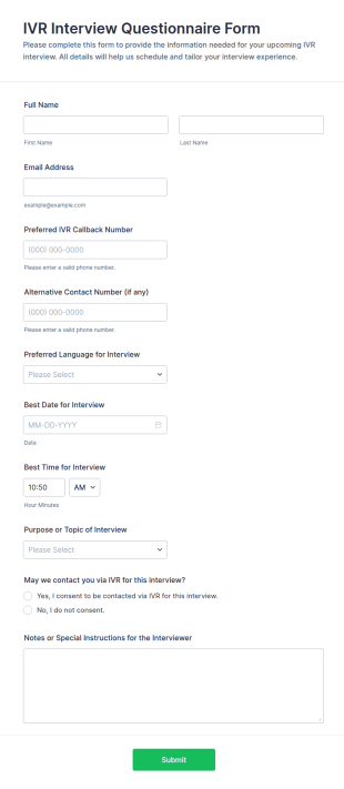 IVR Interview Questionnaire Form Template
