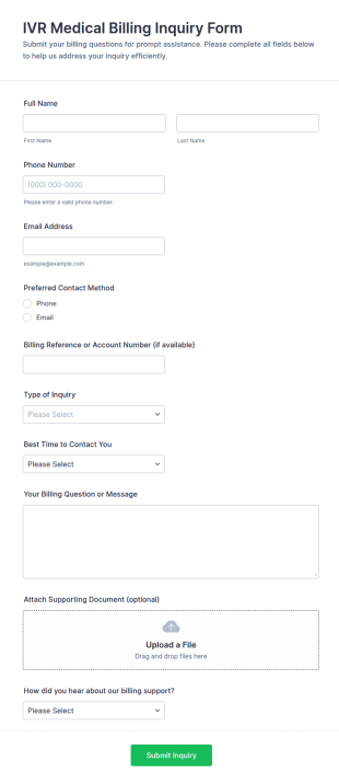 IVR Medical Billing Inquiry Form Template