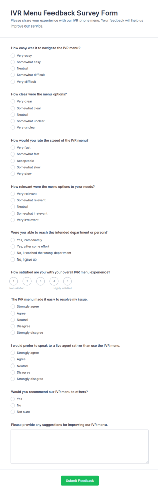 IVR Menu Feedback Survey Form Template