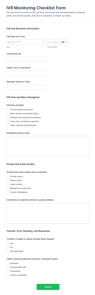 IVR Monitoring Checklist Form Template