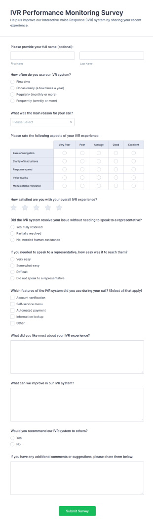 IVR Performance Monitoring Survey Form Template