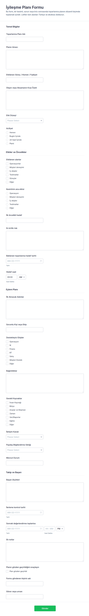 İyileşme Planı Anketi Form Şablonu