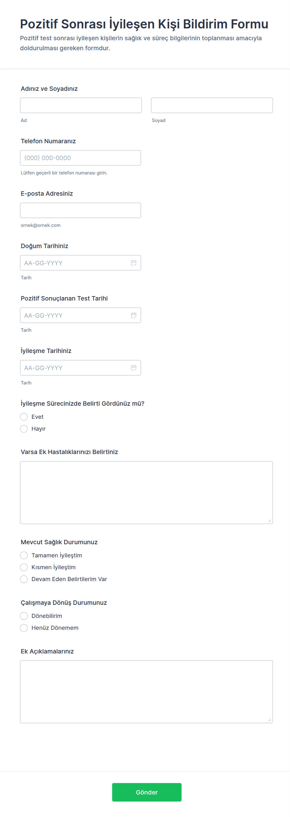 İyileşme Sonrası Test Pozitif Durum Form Şablonu | Jotform