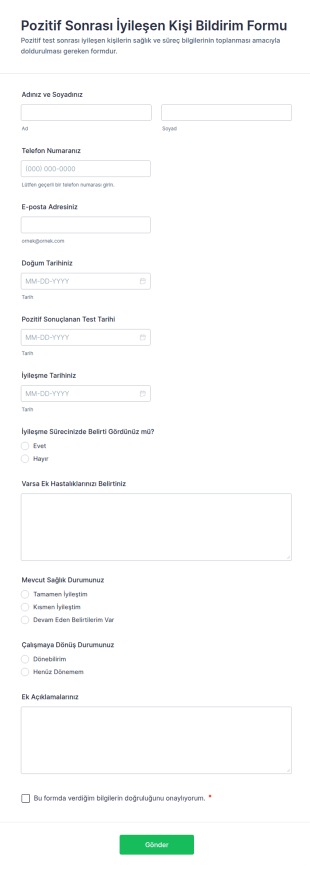 İyileşme Sonrası Test Pozitif Durum Form Şablonu