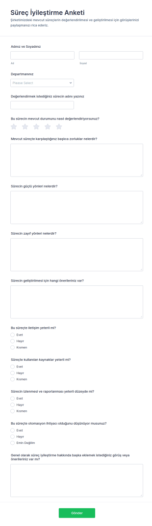 İyileştirme Süreci Anketi Form Şablonu