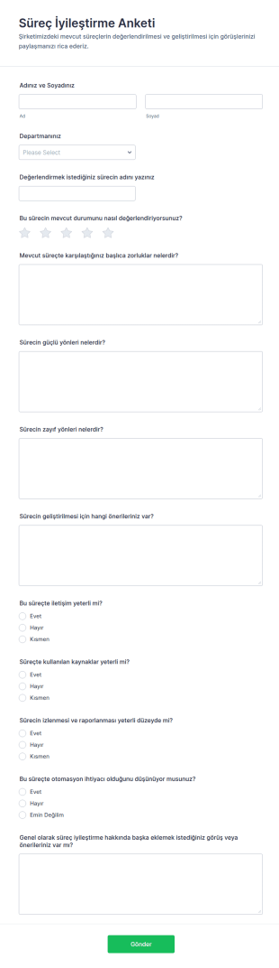 İyileştirme Süreci Anketi Form Şablonu