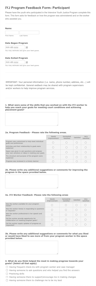 IYJ Program Feedback Form Participant Form Template