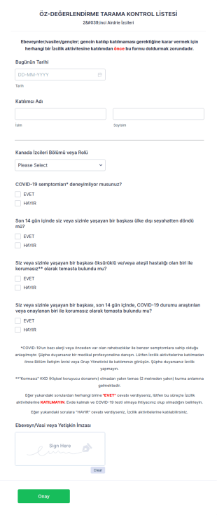 İzciler Için COVID 19 Öz Değerlendirme Form Şablonu