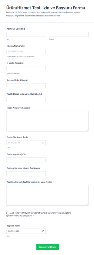 İzin Verme Test Form Şablonu