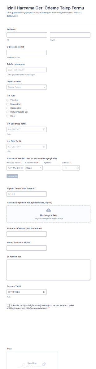 İzinli Harcama Geri Ödeme Talep Form Şablonu