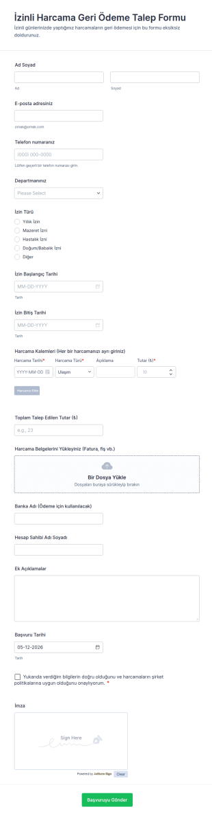 İzinli Harcama Geri Ödeme Talep Form Şablonu