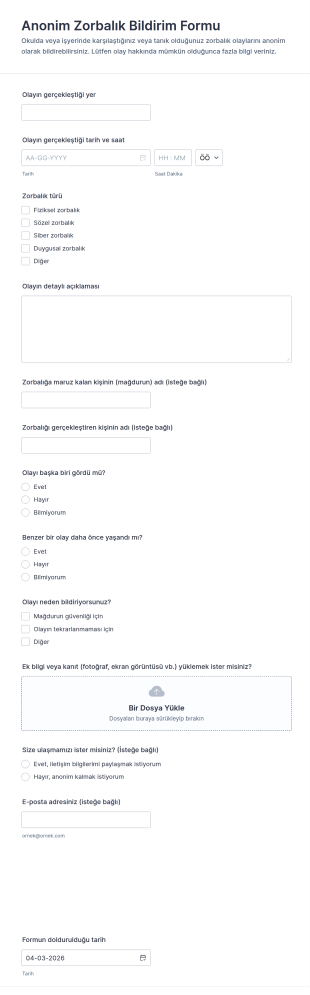 İzleyici Taciz Bildirim Form Şablonu