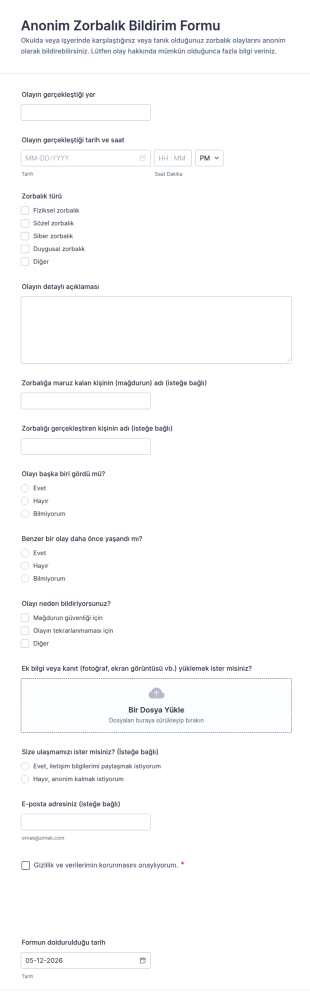İzleyici Taciz Bildirim Form Şablonu