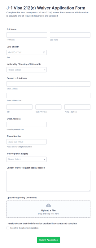 J 1 Visa 212(e) Waiver Application Form Template