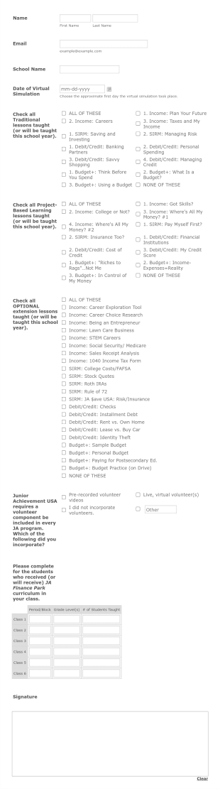 JA Finance Park Virtual Verification Form Template