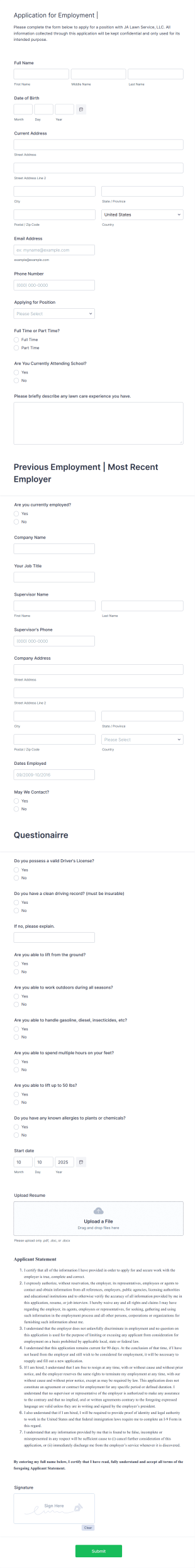 Lawn Service Job Application Form Template