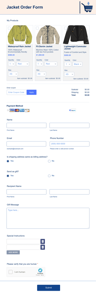 Jacket Order Form Template