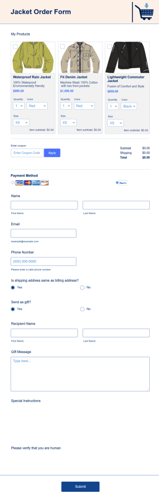 Jacket Order Form Template