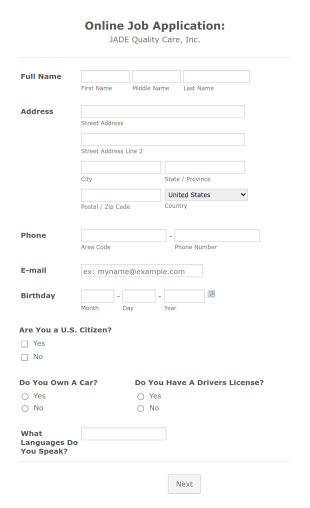 JADE Caregiver Job Application Form Template