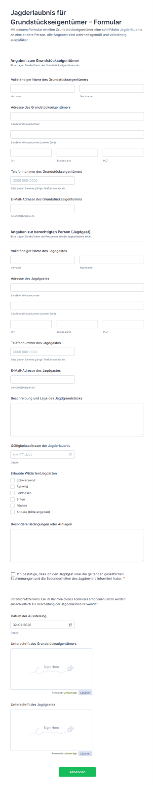 Jagderlaubnis Für Grundstückseigentümer – Formular