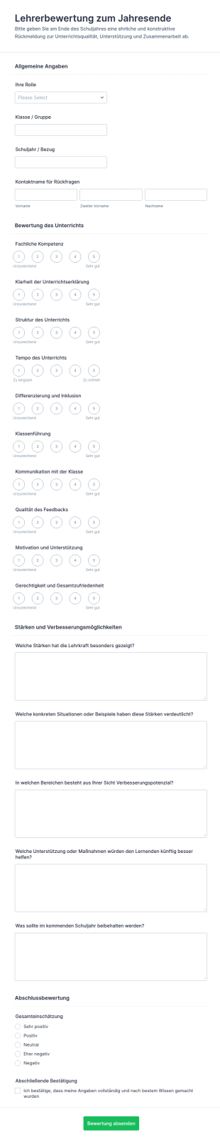 Jahresabschlusslehrerbewertungsbogen Fragebogen