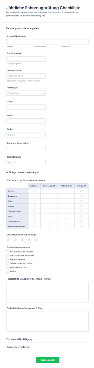 Jährliche Fahrzeugprüfung Form