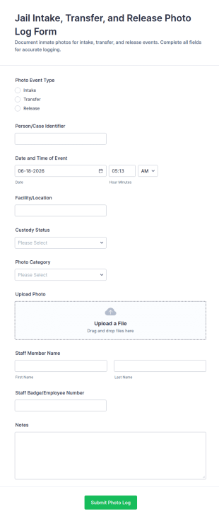 Jail Intake, Transfer, And Release Photo Log Form Template