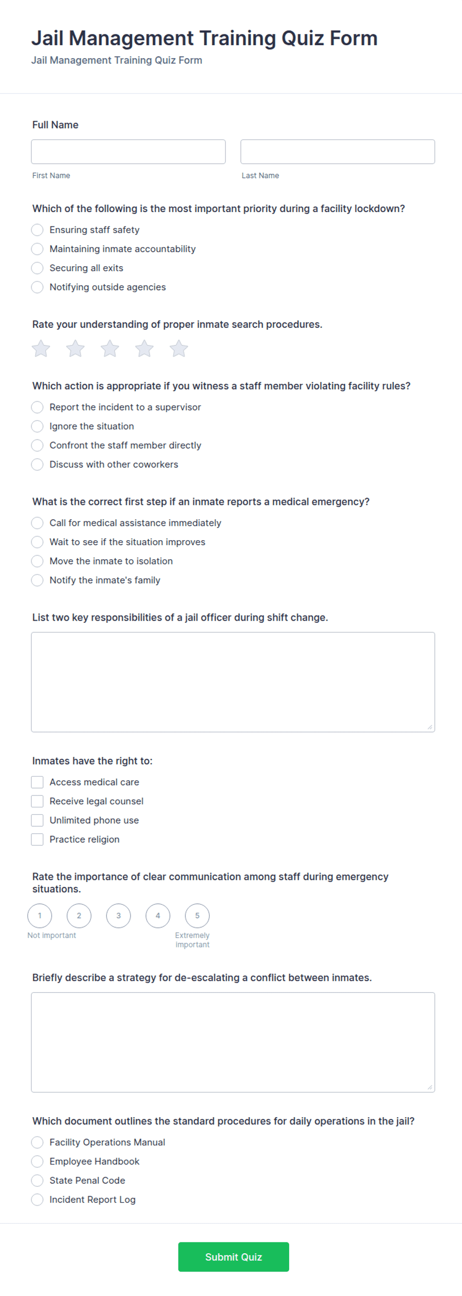 Jail Management Training Quiz Form Template | Jotform