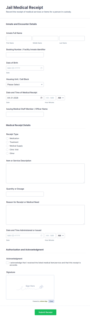 Jail Medical Receipt Submission Form Template
