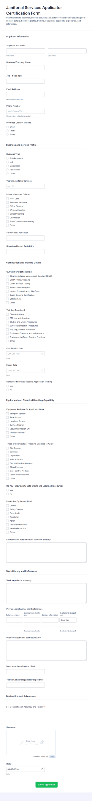 Janitorial Services Applicator Certification Form Template