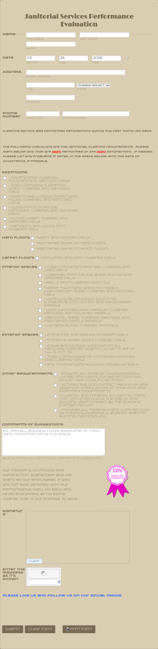 Janitorial Services Performance Evaluation Form Template