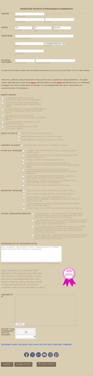 Janitorial Services Performance Evaluation Form Template