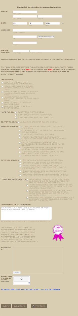 Janitorial Services Performance Evaluation Form Template